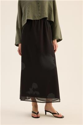 Çiçek Desenli Şifon Etek Siyah