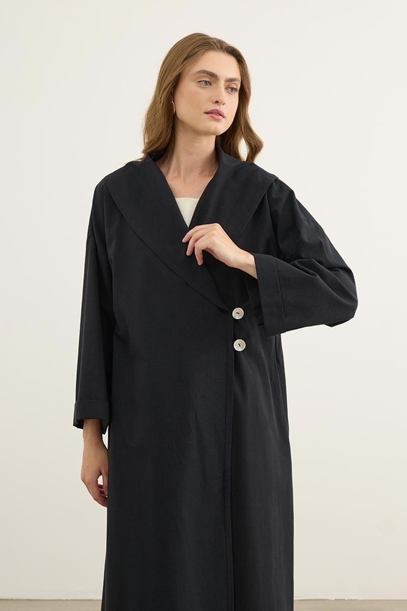 Çift Düğmeli %100 Pamuk Kaftan Siyah