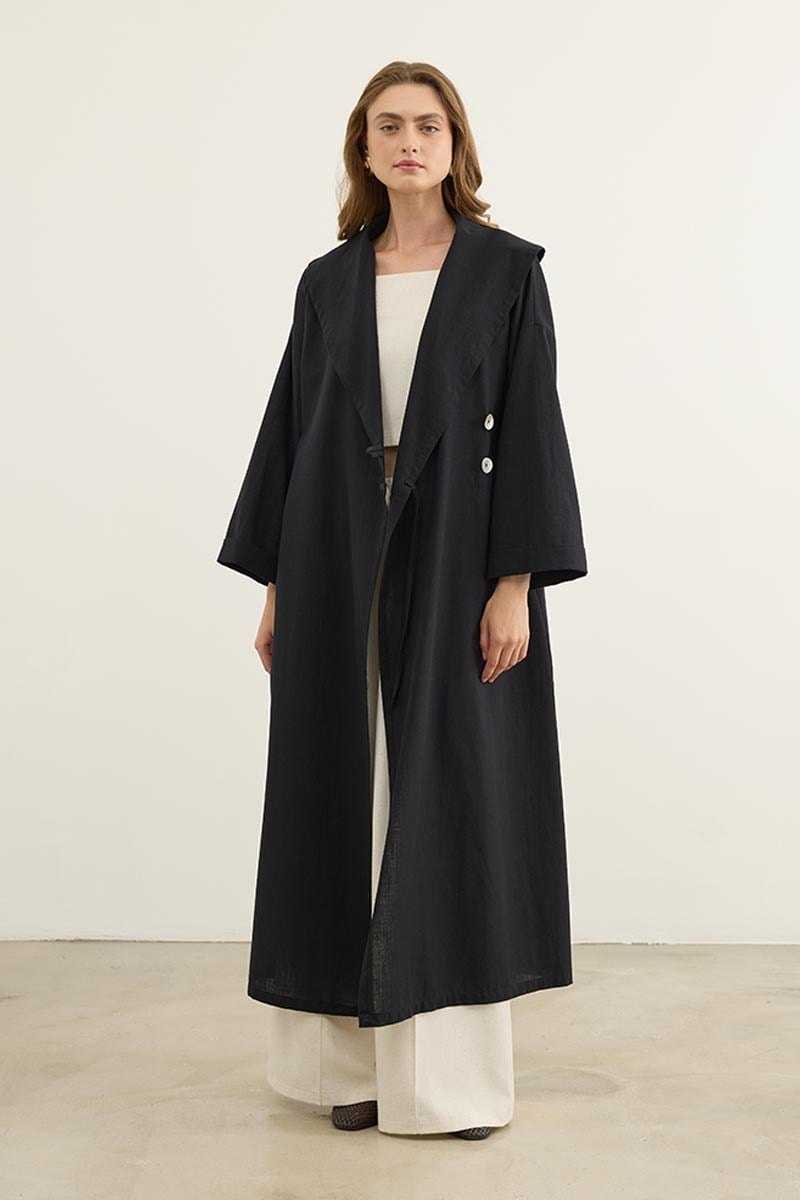 Çift Düğmeli %100 Pamuk Kaftan Siyah