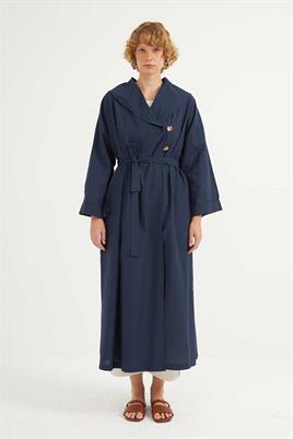 Çift Düğmeli Pamuk Kaftan Lacivert