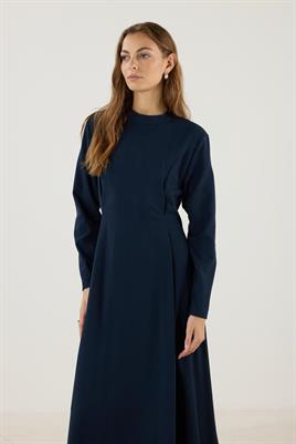 Çift Pileli Yüksek Yaka Elbise Lacivert