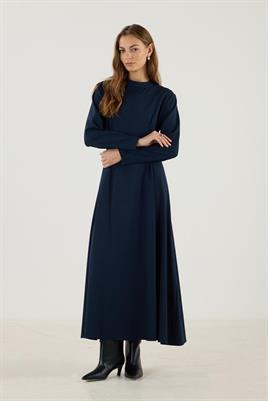 Çift Pileli Yüksek Yaka Elbise Lacivert