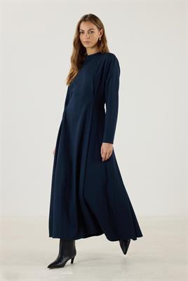Çift Pileli Yüksek Yaka Elbise Lacivert
