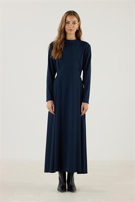 Çift Pileli Yüksek Yaka Elbise Lacivert