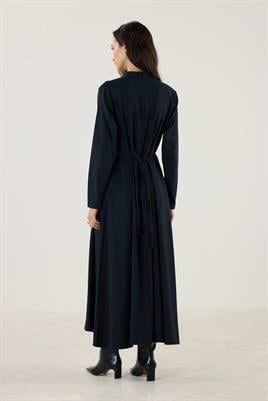 Çift Pileli Yüksek Yaka Elbise Siyah