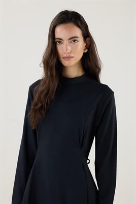 Çift Pileli Yüksek Yaka Elbise Siyah