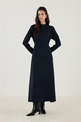 Çift Pileli Yüksek Yaka Elbise Siyah