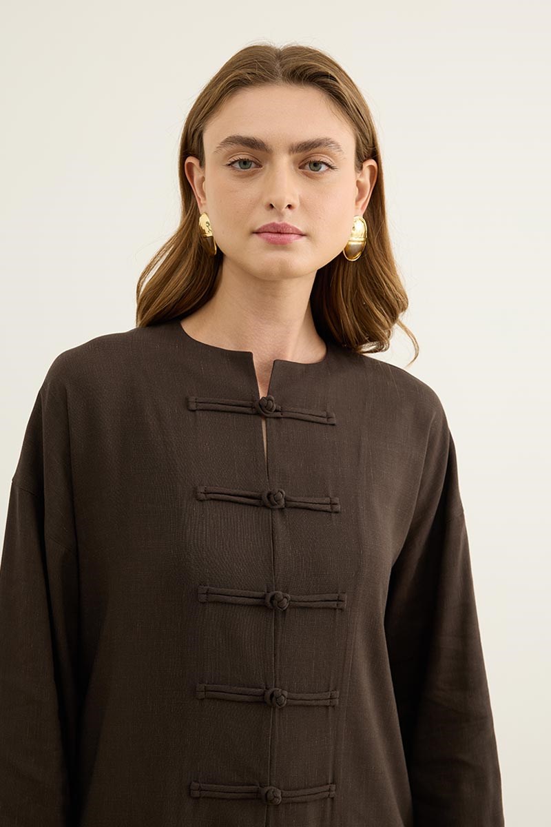 Çin Düğmeli Abaya Acı kahve