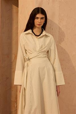 Çizgi Desenli Bağlamalı Gömlek Krem