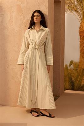 Çizgi Desenli Bağlamalı Gömlek Krem