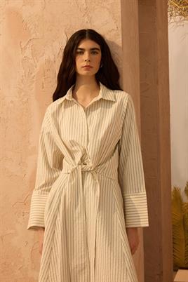 Çizgi Desenli Bağlamalı Gömlek Krem