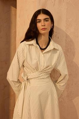 Çizgi Desenli Bağlamalı Gömlek Krem