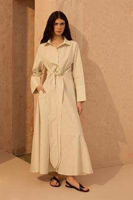 Çizgi Desenli Bağlamalı Gömlek Krem