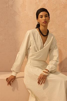 Çizgi Desenli Bağlamalı Kimono Krem