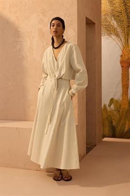 Çizgi Desenli Bağlamalı Kimono Krem