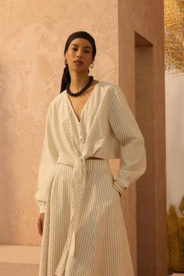 Çizgi Desenli Bağlamalı Kimono Krem