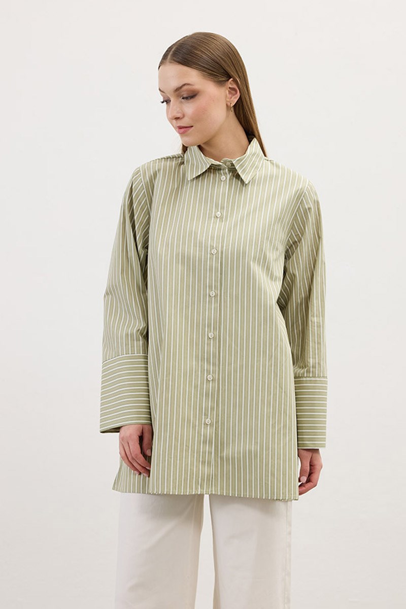 Çizgili %100 Pamuk Gömlek Çağla