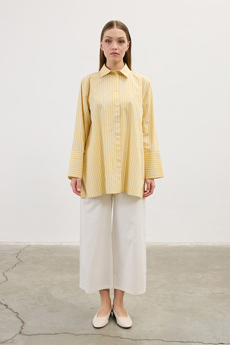Çizgili %100 Pamuk Gömlek Sarı