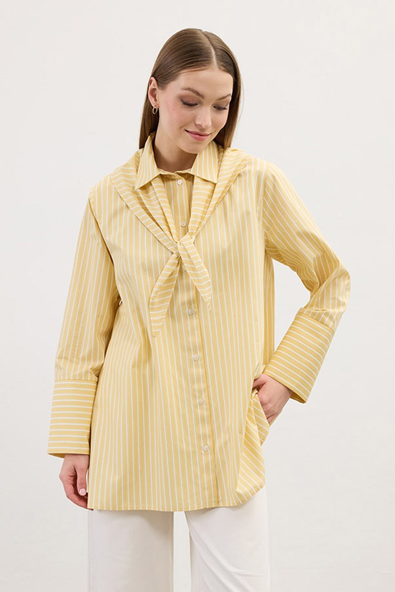 Çizgili %100 Pamuk Gömlek Sarı