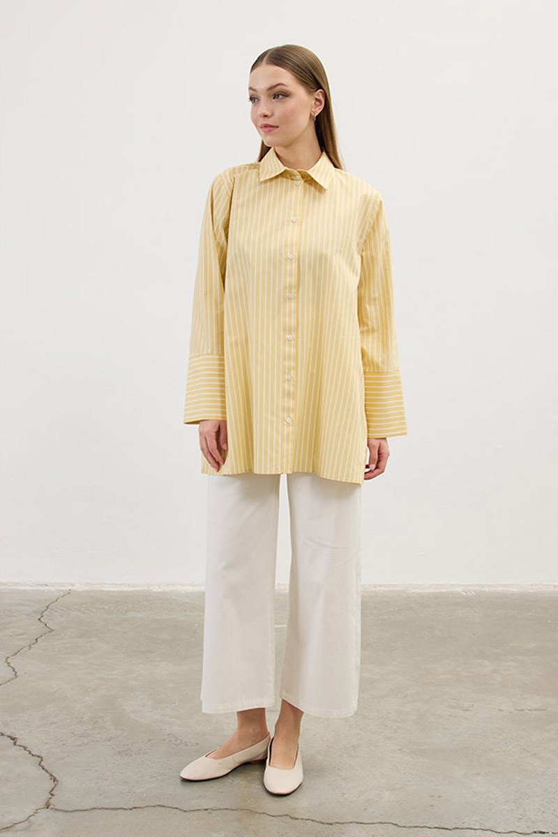 Çizgili %100 Pamuk Gömlek Sarı