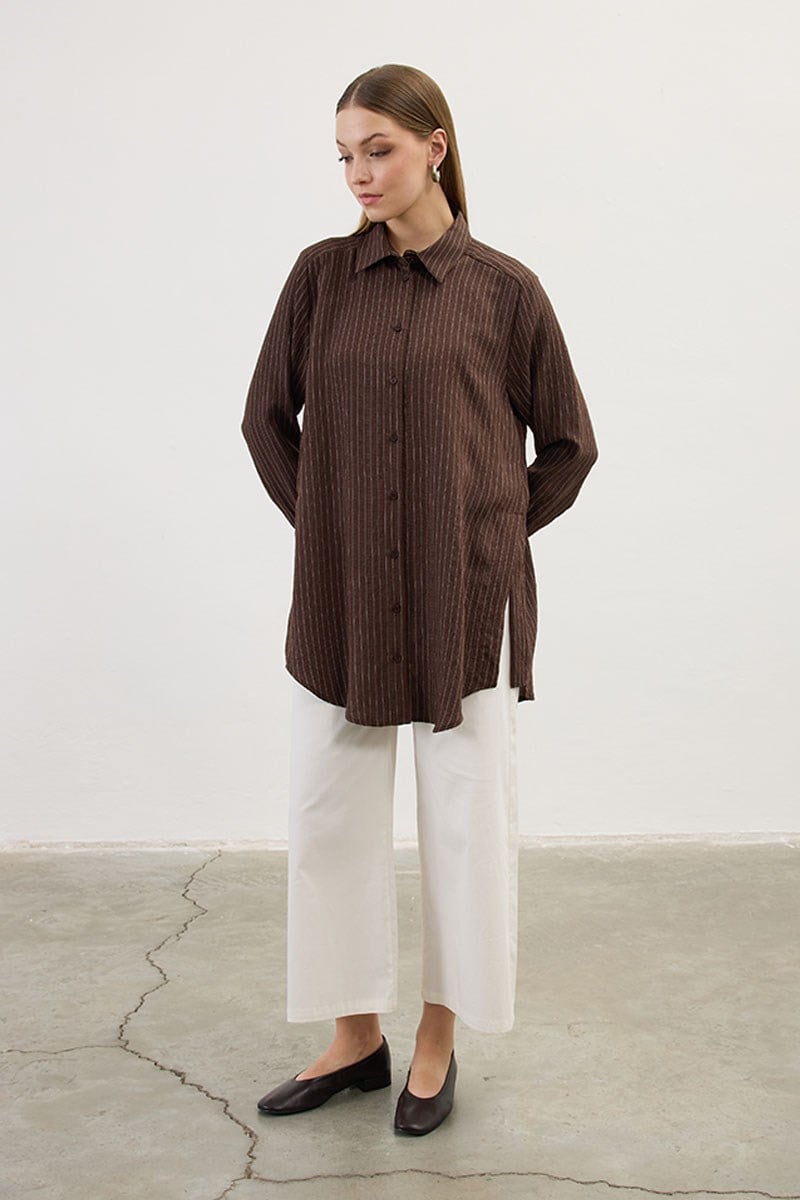 Çizgili Dökümlü Tunik Acı kahve