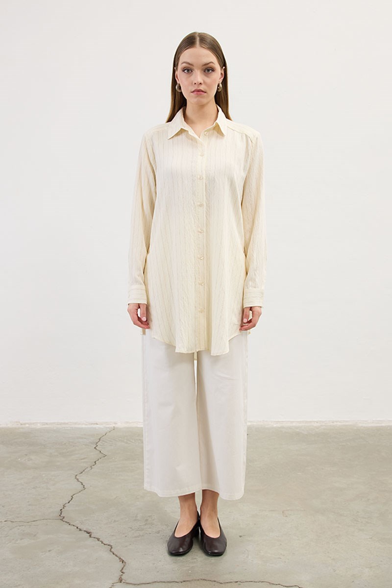 Çizgili Dökümlü Tunik Ekru