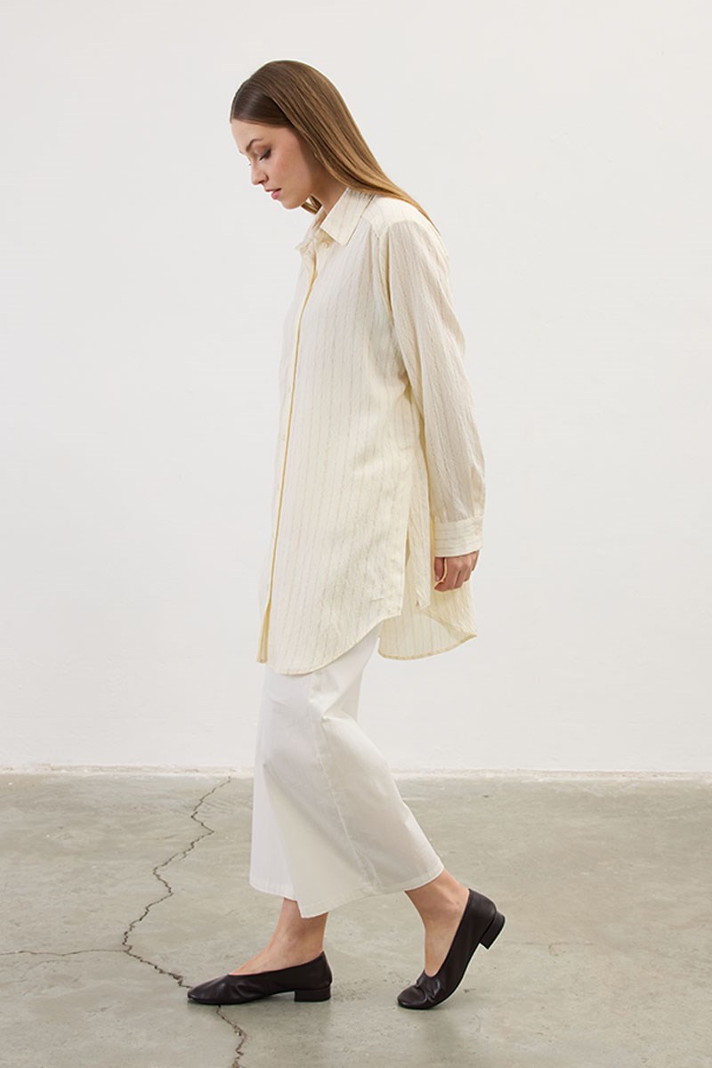 Çizgili Dökümlü Tunik Ekru