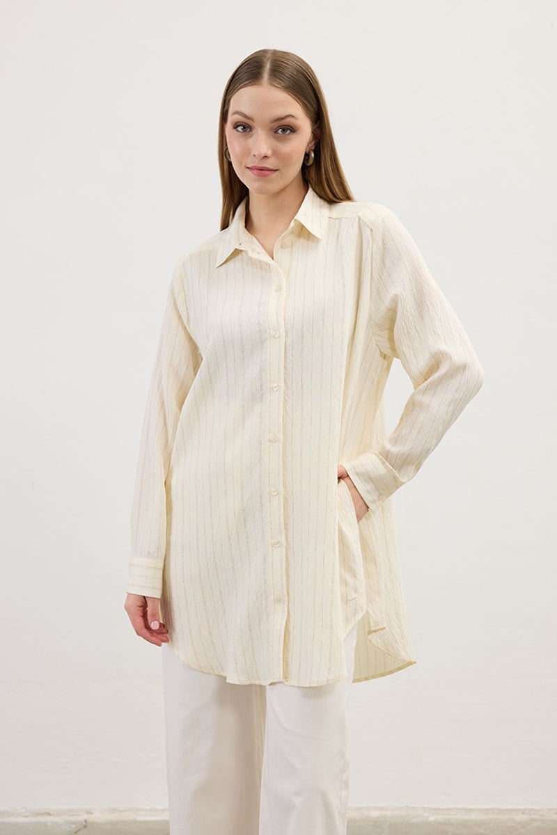 Çizgili Dökümlü Tunik Ekru
