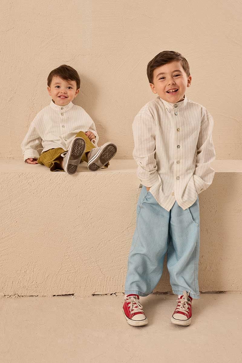 Çizgili Hakim Yaka Erkek Çocuk Gömlek Ekru