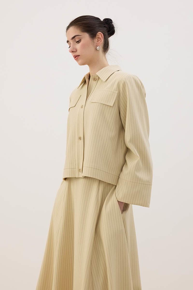 Çizgili Kısa Ceket Krem