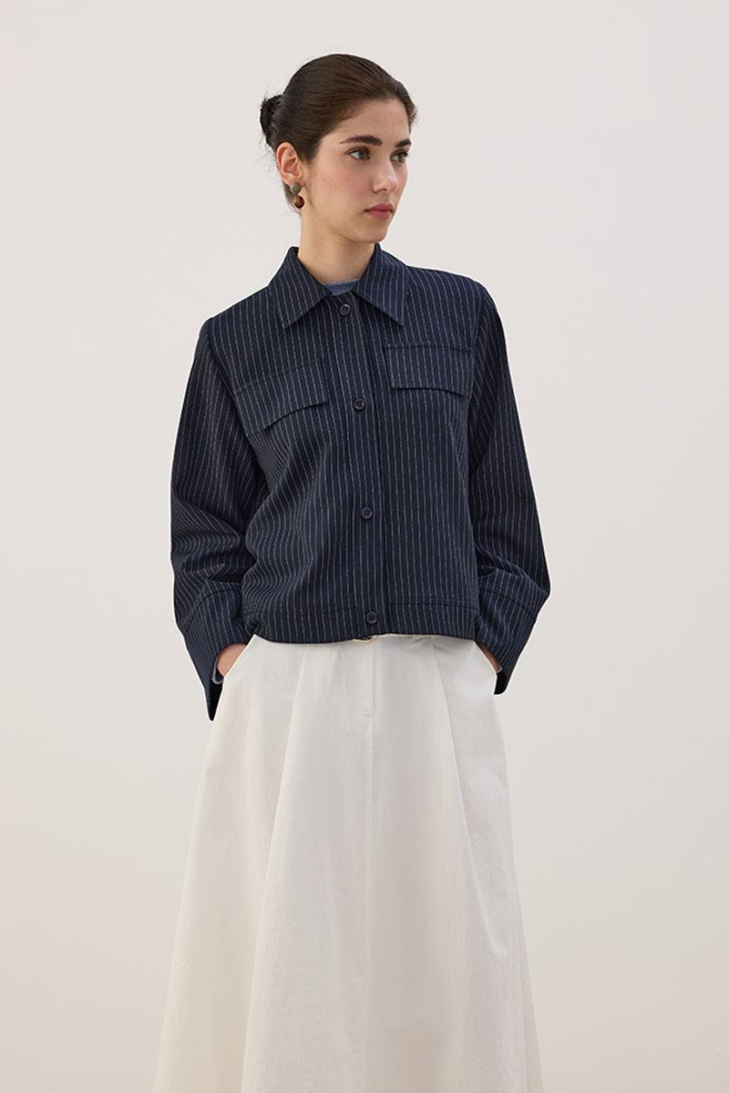 Çizgili Kısa Ceket Lacivert