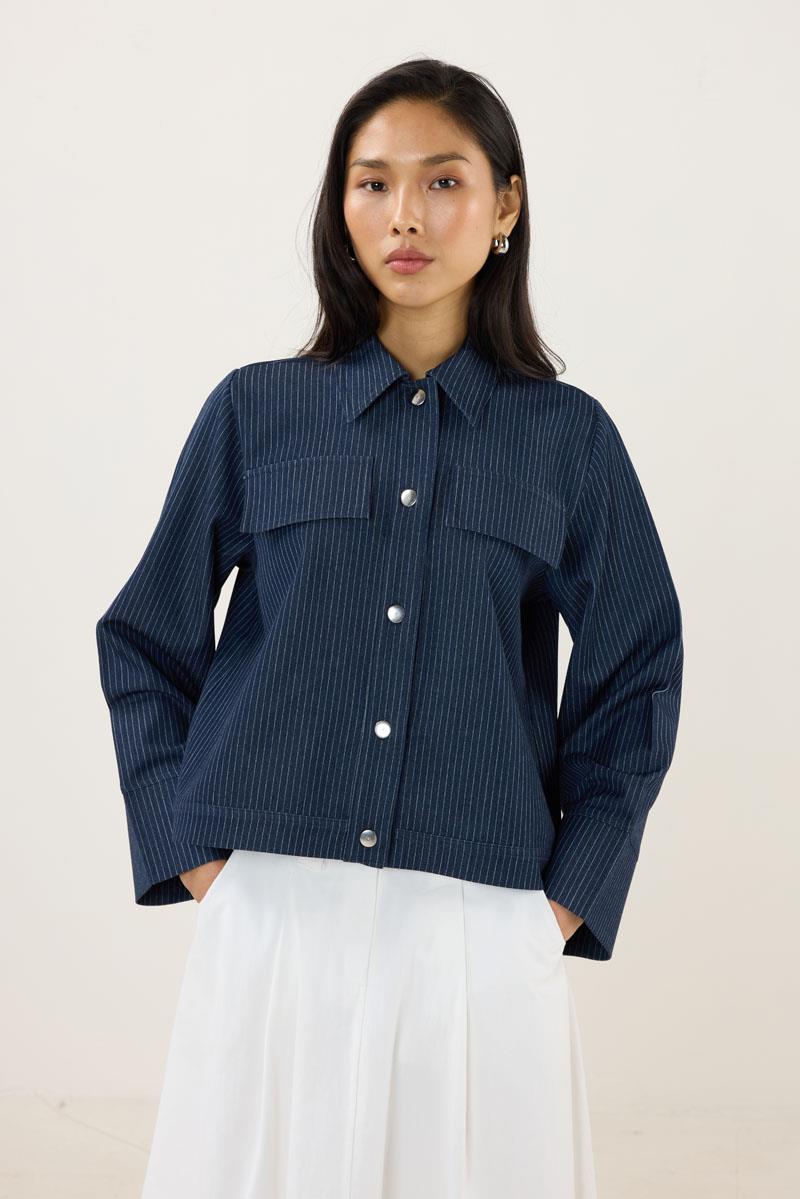 Çizgili Kot Ceket Lacivert