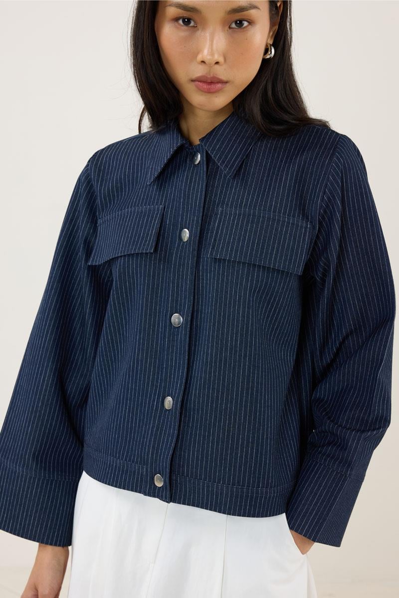 Çizgili Kot Ceket Lacivert