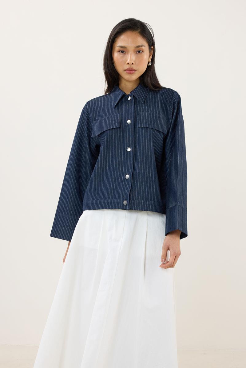 Çizgili Kot Ceket Lacivert