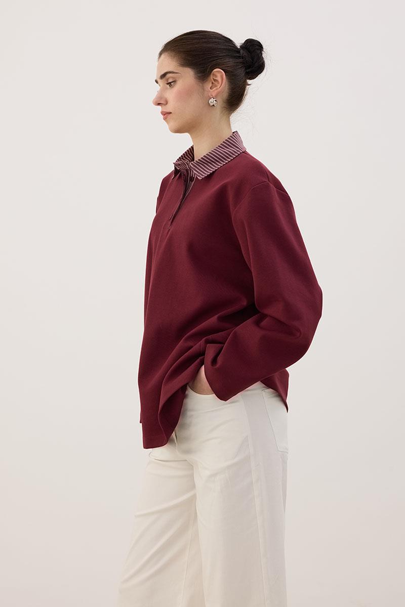 Çizgili Polo Yaka Sweatshirt Bordo