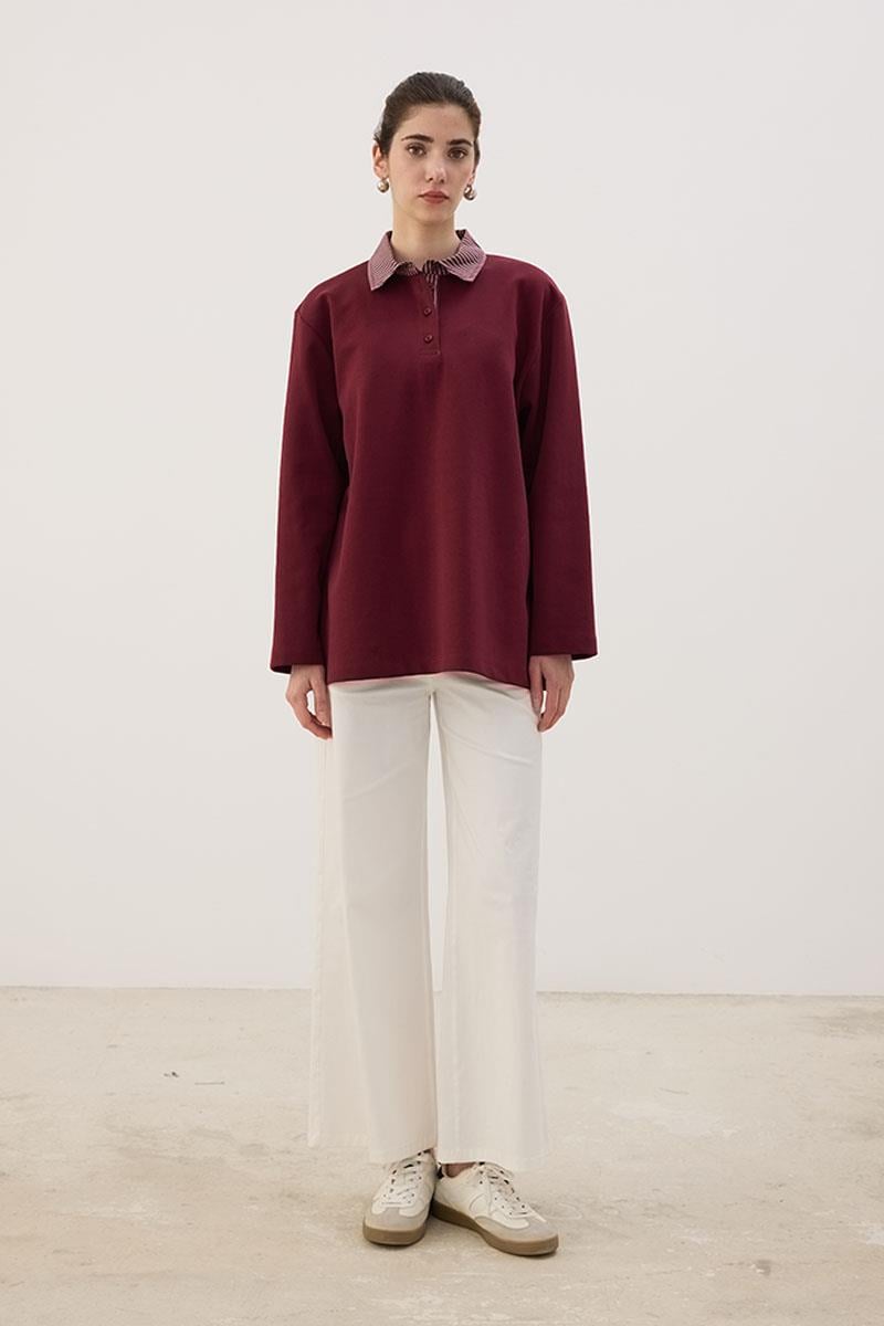 Çizgili Polo Yaka Sweatshirt Bordo