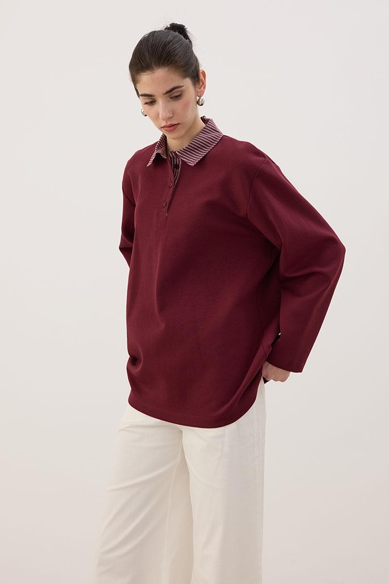 Çizgili Polo Yaka Sweatshirt Bordo