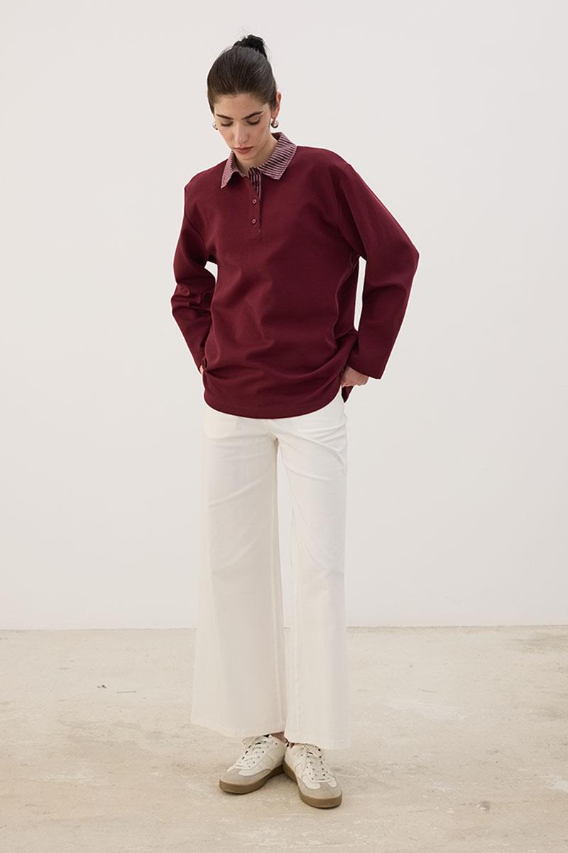 Çizgili Polo Yaka Sweatshirt Bordo