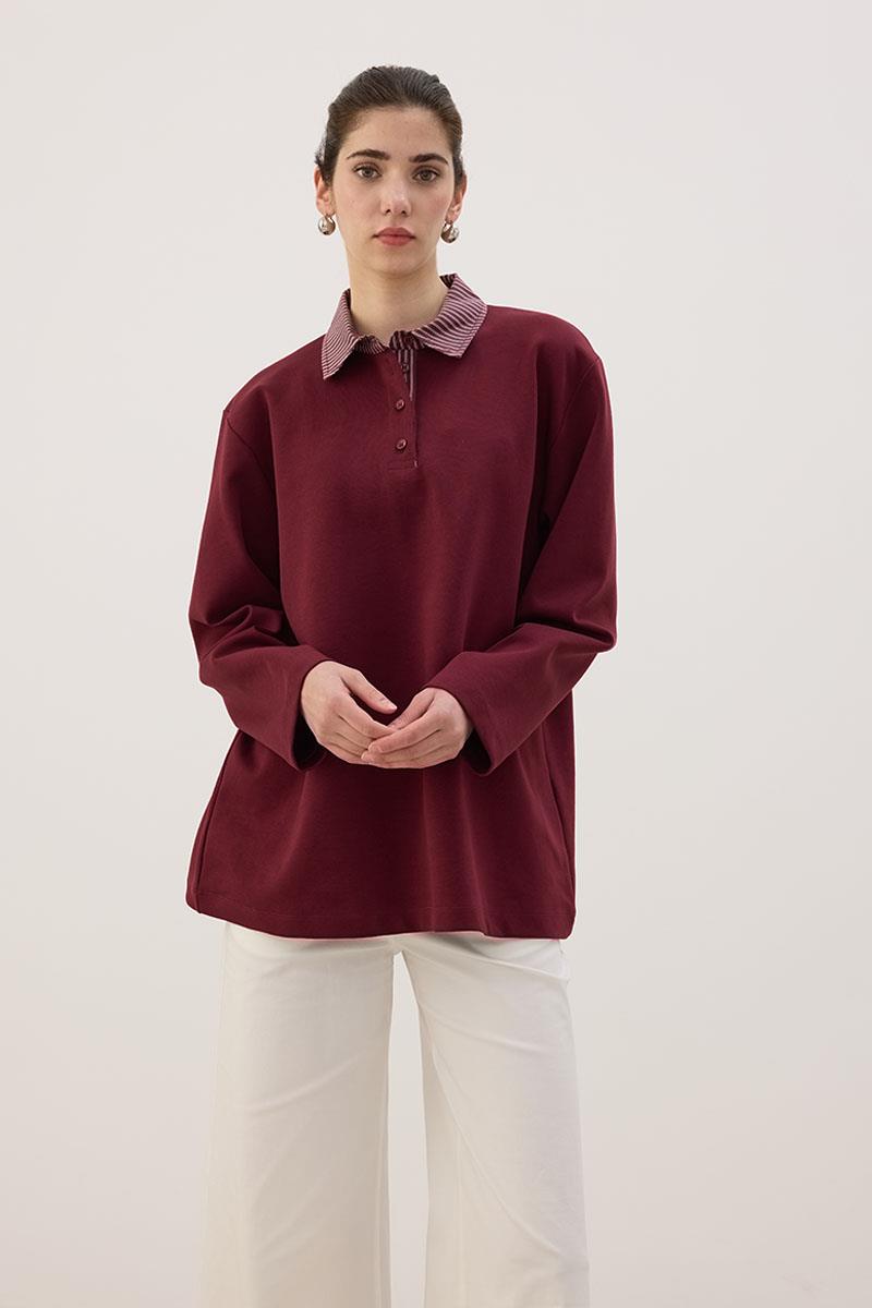 Çizgili Polo Yaka Sweatshirt Bordo