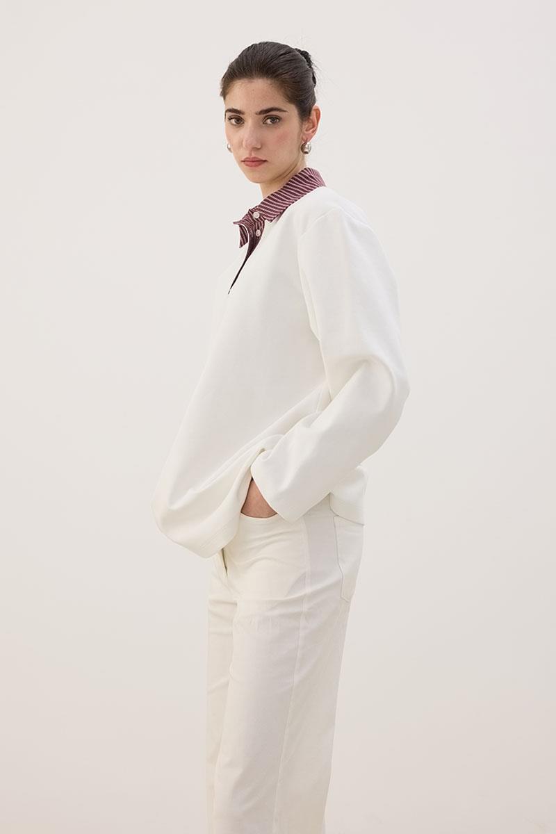 Çizgili Polo Yaka Sweatshirt Ekru