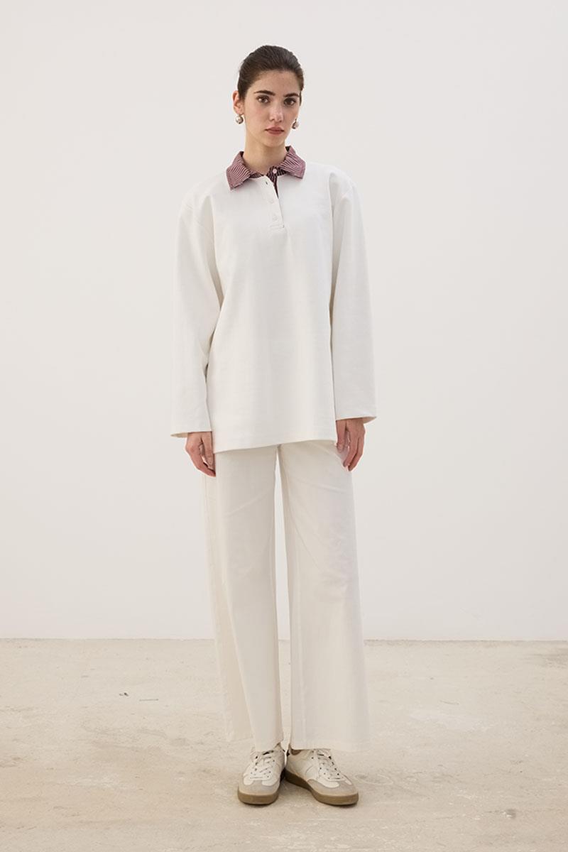 Çizgili Polo Yaka Sweatshirt Ekru