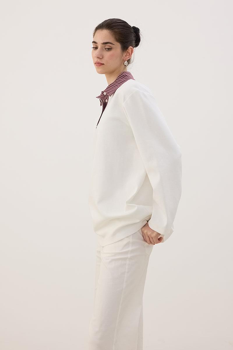 Çizgili Polo Yaka Sweatshirt Ekru