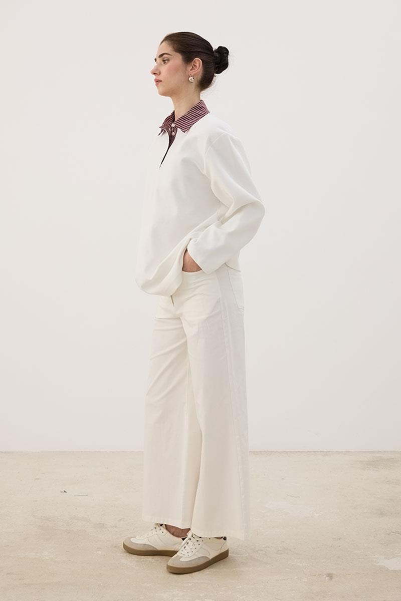 Çizgili Polo Yaka Sweatshirt Ekru