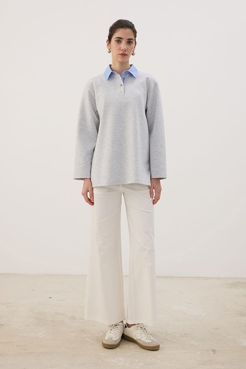 Çizgili Polo Yaka Sweatshirt Gri melanj