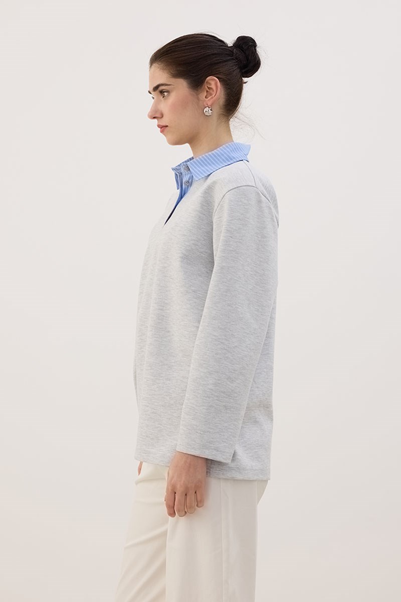 Çizgili Polo Yaka Sweatshirt Gri melanj