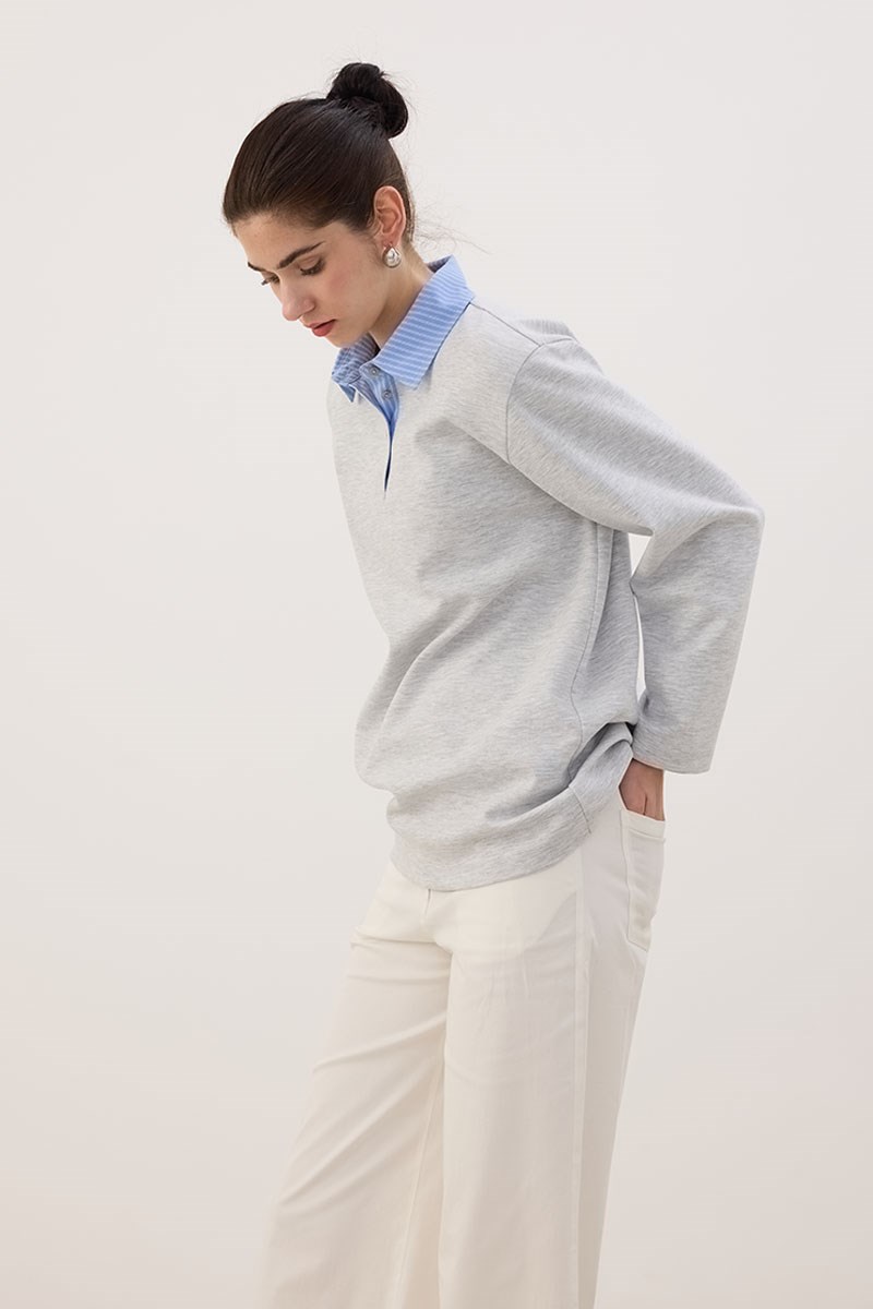 Çizgili Polo Yaka Sweatshirt Gri melanj