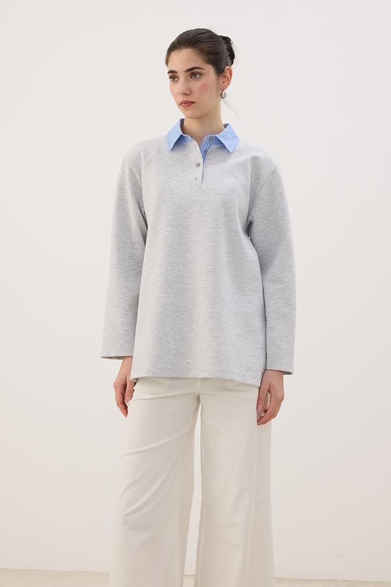 Çizgili Polo Yaka Sweatshirt Gri melanj