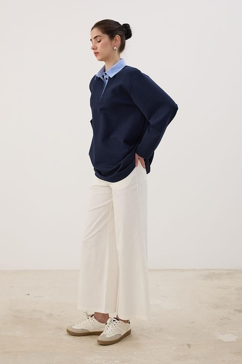 Çizgili Polo Yaka Sweatshirt Lacivert