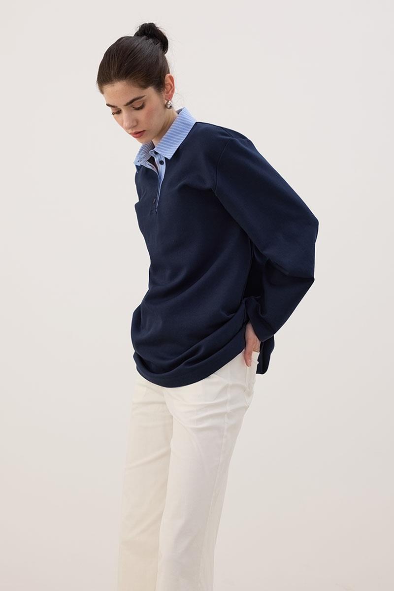 Çizgili Polo Yaka Sweatshirt Lacivert