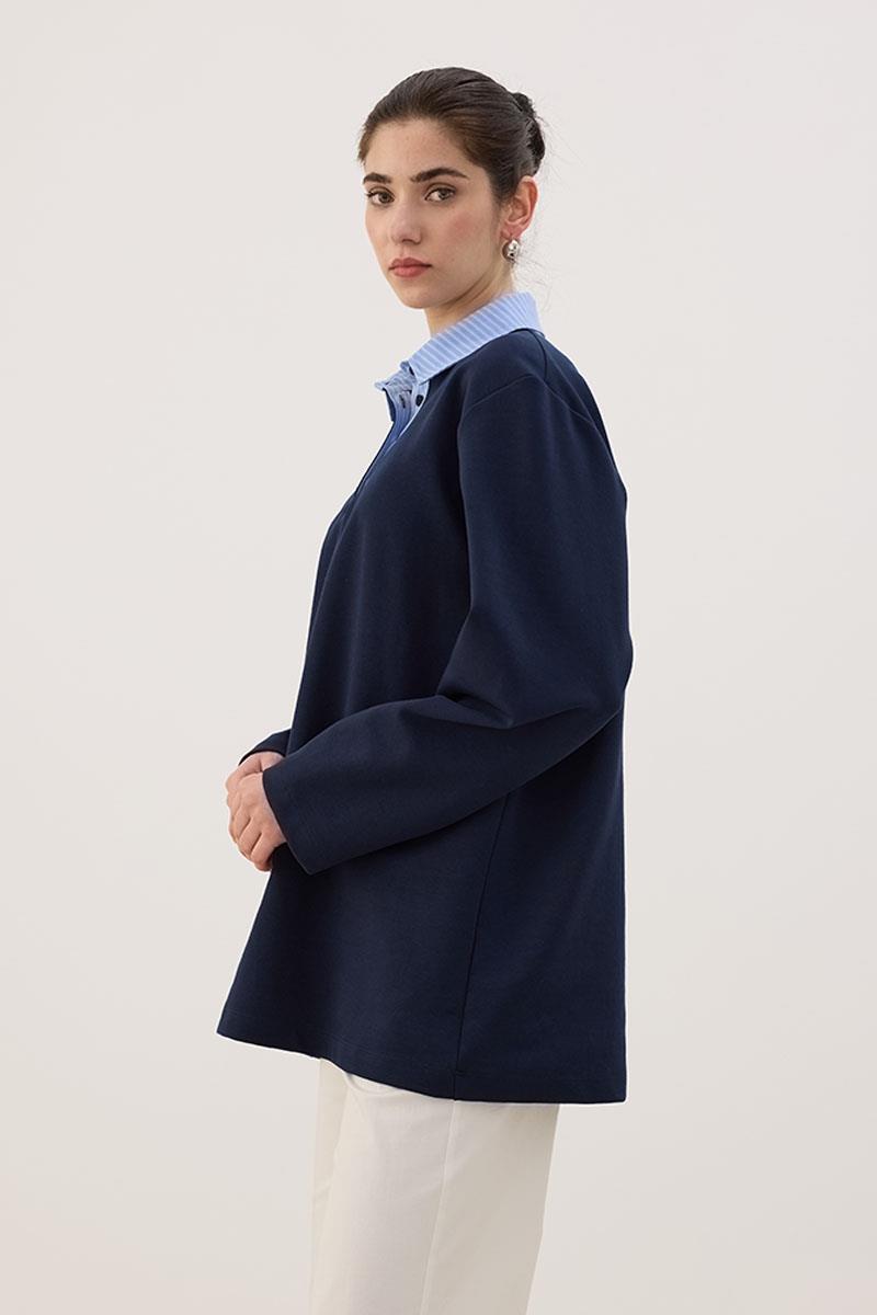 Çizgili Polo Yaka Sweatshirt Lacivert